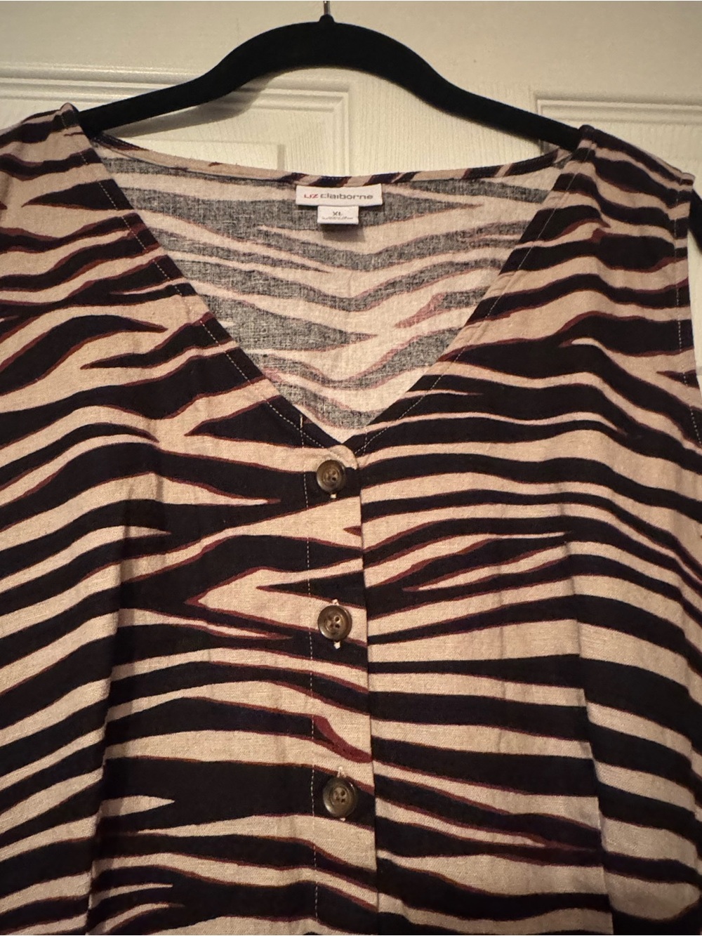 Liz Claiborne Sz XL Linen Black and Cream Zebra Print Button Front dress - Picture 3 of 10